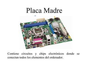Placa Madre
Contiene circuitos y chips electrónicos donde se
conectan todos los elementos del ordenador.
 