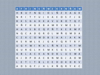 A   F   H   J   N   S   Ñ   W Z     K   X   N   Ñ   A   W
H   B   U   F   N   Q   I   O   L   Ñ   Z   X   A   G   K
N   R   I   T   Y   U   J   K   A   E   O   S   F   J   G
B   K   S   G   A   H   K   A   V   U   B   O   T   Q   F
V   Ñ   F   H   G   X   B   A   M R     V   M E     S   J
H   A   V   S   B   E   Q   P   Ñ   T   X   E   R   M P
N   Q   C   A   D   G   R   O   L   W Ñ     G   M D     A
C   Z   X   C   O   W D     B   S   A   A   I   A   K   N
R   S   R   M L     K   J   G   A   F   Q   R   T   R   F
U   G   Y   W I     N   A   L   Ñ   N   E   L   H   T   M
G   U   R   G   L   H   S   M X     S   G   S   L   Y   Ñ
A   B   L   A   C   K   A   N   D   B   L   U   E   W A
G   J   D   P   O   A   C   B   N   M G     J   A   O   W
L   E   T   I   T   B   L   E   E   D   O   K   D   R   V
A   D   S   G   F   J   H   L   K   Ñ   Q   R   Y   K   C
 