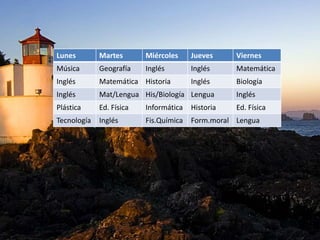 Lunes        Martes       Miércoles     Jueves     Viernes
Música       Geografía    Inglés        Inglés     Matemática
Inglés       Matemática Historia        Inglés     Biología
Inglés       Mat/Lengua His/Biología Lengua        Inglés
Plástica     Ed. Física   Informática   Historia   Ed. Física
Tecnología   Inglés       Fis.Química   Form.moral Lengua
 