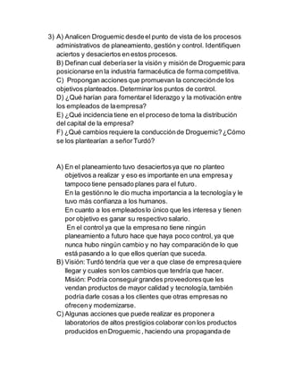 3) A) Analicen Droguemic desde el punto de vista de los procesos 
administrativos de planeamiento, gestión y control. Identifiquen 
aciertos y desaciertos en estos procesos. 
B) Definan cual debería ser la visión y misión de Droguemic para 
posicionarse en la industria farmacéutica de forma competitiva. 
C) Propongan acciones que promuevan la concreción de los 
objetivos planteados. Determinar los puntos de control. 
D) ¿Qué harían para fomentar el liderazgo y la motivación entre 
los empleados de la empresa? 
E) ¿Qué incidencia tiene en el proceso de toma la distribución 
del capital de la empresa? 
F) ¿Qué cambios requiere la conducción de Droguemic? ¿Cómo 
se los plantearían a señor Turdó? 
A) En el planeamiento tuvo desaciertos ya que no planteo 
objetivos a realizar y eso es importante en una empresa y 
tampoco tiene pensado planes para el futuro. 
En la gestión no le dio mucha importancia a la tecnología y le 
tuvo más confianza a los humanos. 
En cuanto a los empleados lo único que les interesa y tienen 
por objetivo es ganar su respectivo salario. 
En el control ya que la empresa no tiene ningún 
planeamiento a futuro hace que haya poco control, ya que 
nunca hubo ningún cambio y no hay comparación de lo que 
está pasando a lo que ellos querían que suceda. 
B) Visión: Turdó tendría que ver a que clase de empresa quiere 
llegar y cuales son los cambios que tendría que hacer. 
Misión: Podría conseguir grandes proveedores que les 
vendan productos de mayor calidad y tecnología, también 
podría darle cosas a los clientes que otras empresas no 
ofrecen y modernizarse. 
C) Algunas acciones que puede realizar es proponer a 
laboratorios de altos prestigios colaborar con los productos 
producidos en Droguemic , haciendo una propaganda de 
 