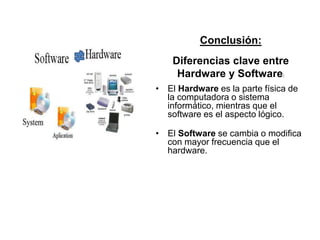 Conclusión:
Diferencias clave entre
Hardware y Software:
• El Hardware es la parte física de
la computadora o sistema
informático, mientras que el
software es el aspecto lógico.
• El Software se cambia o modifica
con mayor frecuencia que el
hardware.
 