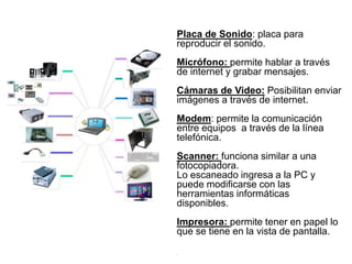 Placa de Sonido: placa para
reproducir el sonido.
Micrófono: permite hablar a través
de internet y grabar mensajes.
Cámaras de Video: Posibilitan enviar
imágenes a través de internet.
Modem: permite la comunicación
entre equipos a través de la línea
telefónica.
Scanner: funciona similar a una
fotocopiadora.
Lo escaneado ingresa a la PC y
puede modificarse con las
herramientas informáticas
disponibles.
Impresora: permite tener en papel lo
que se tiene en la vista de pantalla.
.
 