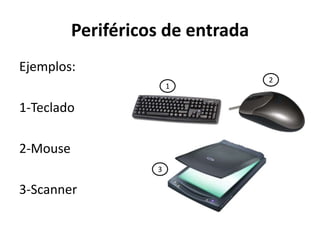 Periféricos de entrada
Ejemplos:
1-Teclado
2-Mouse
3-Scanner
1
2
3
 