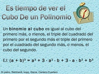 Un  binomio al cubo  es igual al cubo del primero más, o menos, el triple del cuadrado del primero por el segundo más el triple del primero por el cuadrado del segundo más, o menos, el cubo del segundo. EJ:  (a + b) 3  = a 3  + 3 · a 2  · b + 3 · a · b 2  + b 3 