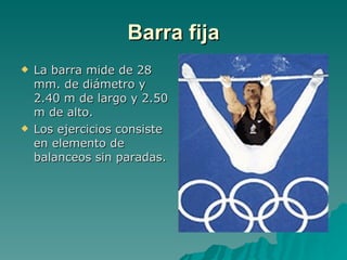 Barra fija La barra mide de 28 mm. de diámetro y 2.40 m de largo y 2.50 m de alto.  Los ejercicios consiste en elemento de balanceos sin paradas. 