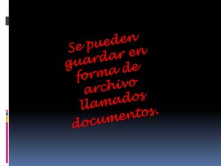 Se pueden guardar en forma de archivo llamados documentos. 