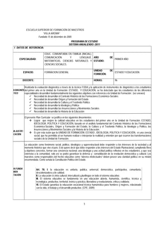ESCUELA SUPERIOR DE FORMACIÓN DE MAESTROS
                          “VILLA AROMA”
                      Fundado 15 de diciembre de 2005
                                                           PROGRAMA DE ESTUDIO
                                                         SISTEMA ANUALIZADO: /2011
 I DATOS DE REFERENCIA:

                                EDUC. COMUNITARIA EN FAMILIA (INICIAL),
                                COMUNICACIÓN       Y       LENGUAJE, AÑO                            DE
      ESPECIALIDAD:                                                                                      PRIMER AÑO
                                MATEMATICAS, CIENCIAS NATURALES Y ESTUDIO:
                                CIENCIAS SOCIALES.

                                                                                   UNIDAD           DE
           ESPACIO:             FORMACION GENERAL                                                        ESTADO Y EDUCACION
                                                                                   FORMCIÓN:

           DOCENTE:                                                                HORAS:                96

            Realizada la evaluación diagnostica a través de la técnica FODA y la aplicación de instrumentos de diagnóstico a los estudiantes
II.DIAGNÓS del primer año en la Unidad de Formación: ESTADO, Y EDUCACIÓN, se ha detectado que los estudiantes de los diferentes
TICO       especialidades desarrollen fundamentalmente los siguientes objetivos con referencia a la Unidad de Formación: (ver anexos)
                     Necesidad de desarrollar el Contexto Histórico de las Formaciones Económico-Sociales
                     Necesidad de desarrollar Origen y Formación del Estado
                     Necesidad de desarrollar la Cultura y el Trasfondo Político
                     Necesidad de desarrollar la Ideología y Política
                     Necesidad de desarrollar las Insurrecciones y Movimientos Sociales
                     Necesidad de desarrollar la Historia de la Educación

            El presente Plan Curricular se justifica en los siguientes lineamientos:
                  Lograr que mejore la calidad educativa en los estudiantes del primer año en la Unidad de Formación: ESTADO,
                      IDEOLOGÍA, POLÍTICA Y EDUCACIÓN, basado en el análisis fundamental del Contexto Histórico de las Formaciones
                      Económico-Sociales, Origen y Formación del Estado, la Cultura y el Trasfondo Político, la Ideología y Política, las
                      Insurrecciones y Movimientos Sociales y la Historia de la Educación.
III.JUSTIFI
                  Es por esta razón que la UNIDAD DE FORMACIÓN: ESTADO , IDEOLOGÍA, POLÍTICA Y EDUCACIÓN, es una ciencia
CACIÓN
                      social, que ha permitido al ser humano realizar e interpretar la realidad y entender por qué ocurren las transformaciones
                      sociales de la Unidad de Formación.

            La educación como fenómeno social, político, ideológico y superestructural debe responder a los intereses de la sociedad y al
            momento histórico que vive el país. Esto quiere decir que debe responder a los intereses del Estado Plurinacional, cumpliendo fines
            y objetivos concretos, formar una conciencia nacional, una ideología y una actitud política reflexiva en los estudiantes, y que sea
            extensiva a la comunidad, solo así se podrá garantizar la defensa y consolidación de la revolución democrática y cultural. Los
            maestros como responsables del hecho educativo como “obreros intelectuales” deben poseer una claridad política en su misión
            encomendada. Como señala la Constitución Política del Estado.


IV.FUNDA                Art. 78. I. la educación es unitaria, publica, universal, democrática, participativa, comunitaria,
MEN                     descolonizadora y de calidad.
TACIÓN                  II. La educación es intra cultural, intercultural y plurilingüe en todo el sistema educativo.
                        III. El sistema educativo se fundamenta en una educación abierta, humanista, científica, técnica y
                        tecnológica, productiva, territorial, teórica y práctica, liberadora y revolucionaria, critica y solidaria.
                        VI. El Estado garantiza la educación vocacional técnica humanística para hombres y mujeres, relacionado
                        con la vida, el trabajo y el desarrollo productivo. (CPE: 2009)




                                                                         1
 