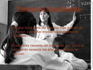 Proceso de Conocimiento
“Enseñar hace parte del proceso más grande de
conocer, y enseñar implica necesariamente
aprender.”
“El educador necesita del educando, así como el
educando necesita del educador. Ambos se
educan.”
 