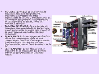 • TARJETA DE VIDEO: Es una tarjeta de
expansión para una computadora,
encargada de procesar los datos
provenientes de la CPU y transformarlos en
información comprensible y representable
en un dispositivo de salida, como un
monitor o televisor.
• TARJETA DE SONIDO: Es una tarjeta de
expansión para computadoras que permite
la entrada y salida de audio bajo el control
de un programa informático llamado
controlador.
• PLACA MADRE: Es una tarjeta en donde se
ubican los componentes clave de una
computadora. Contiene el microprocesador,
la memoria y otros circuitos que son
fundamentales para el funcionamiento de la
PC.
• VENTILADORES: Es un abanico que se
encuentra en el procesador que permite
enfriar los componentes en la tarjeta
madre.
 
