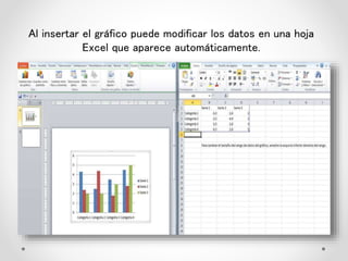 Al insertar el gráfico puede modificar los datos en una hoja
Excel que aparece automáticamente.
 