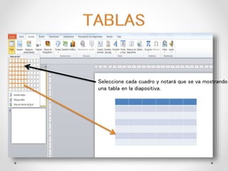 Seleccione cada cuadro y notará que se va mostrando
una tabla en la diapositiva.
 