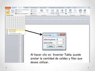 Al hacer clic en Insertar Tabla, puede
anotar la cantidad de celdas y filas que
desee utilizar.
 