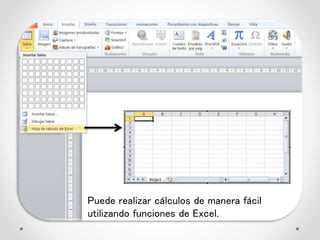 Puede realizar cálculos de manera fácil
utilizando funciones de Excel.
 