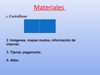 Materiales
1. Cartulinas
2. Imágenes, mapas mudos, información de
internet.
3. Tijeras, pegamento.
4. Atlas.
 