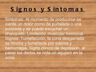 Signos y Síntomas Síntomas: Al momento de producirse se siente un dolor como de puñalada o una punzada y se puede escuchar un chasquido, Limitación muscular funcional. Signos: Tumefacción, la zona desgarrada se hincha y tumefacta por edema y hemorragia, Signo clínico de depresión, al pasar los dedos se nota un agujero en la zona.  
