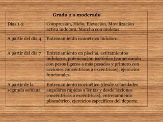 Entrenamiento isocinético (desde velocidades angulares rápidas a lentas y desde acciones concéntricas a excéntricas), entrenamiento pliométrico, ejercicios específicos del deporte. A partir de la segunda semana Entrenamiento en piscina, estiramientos indoloros, potenciación isotónica (comenzando con pesos ligeros a más pesados y primero con acciones concéntricas a excéntricas), ejercicios funcionales. A partir del día 7 Entrenamiento isométrico indoloro. A partir del día 4 Compresión, Hielo, Elevación, Movilización activa indolora, Marcha con muletas. Días 1-3 Grado 2 o moderado 