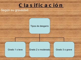 Clasificación Según su gravedad: Tipos de desgarro Grado 1 o leve Grado 2 o moderado Grado 3 o grave 