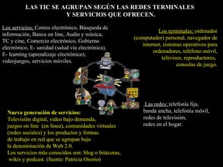 LAS TIC SE AGRUPAN SEGÙN LAS REDES TERMINALES
                      Y SERVICIOS QUE OFRECEN.

Los servicios: Correo electrónico, Búsqueda de
                                                                 Los terminales: ordenador
información, Banca on line, Audio y música,
                                                       (computador) personal, navegador de
TC y cine, Comercio electrónico, Gobierno
                                                          internet, sistemas operativos para
electrónico, E- sanidad (salud vía electrónica),
                                                               ordenadores, teléfono móvil,
E- learning (aprendizaje electrónico),
                                                                   televisor, reproductores,
videojuegos, servicios móviles.
                                                                          consolas de juego.




                                                            Las redes: telefonía fija,
  Nueva generación de servicios:                           banda ancha, telefonía móvil,
  Televisión digital, video bajo demanda,                  redes de televisión,
  juegos on line (en línea), comunidades virtuales         redes en el hogar.
  (redes sociales) y los productos y formas
  de trabajo en red que se agrupan bajo
  la denominación de Web 2.0.
  Los servicios más conocidos son: blog o bitácoras,
   wikis y podcast. (fuente: Patricia Osorio)
 