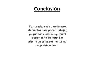 Conclusión
Se necesita cada uno de estos
elementos para poder trabajar,
ya que cada uno influye en el
desempeño del otro. Sin
alguno de estos elementos no
se podría operar.
 