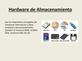 Hardware de Almacenamiento
Son los dispositivos encargados de
almacenar información y datos
temporal o permanentemente.
Ejemplo: la memoria ROM, la RAM,
DVD, memoria USB, CD, etc.
 