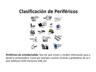 Clasificación de Periféricos
Periféricos de entrada/salida: Son los que envían y reciben información para y
desde la computadora. Como por ejemplo: escáner, lectoras y grabadoras de cd y
dvd, teléfonos VOIP, memorias USB, etc.
 
