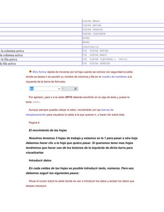 FLECHA ABAJO
                                                                      FLECHA ARRIBA
                                                                      FLECHA DERECHA
                                                                      FLECHA IZQUIERDA
                                                                      AVPAG
                                                                      REPAG
                                                                      CTRL+INICIO
e la columna activa                                                   FIN     FLECHA ARRIBA
 la columna activa                                                    FIN     FLECHA ABAJO
e la fila activa                                                      FIN     FLECHA IZQUIERDA o     INICIO
 la fila activa                                                       FIN     FLECHA DERECHA


                           Otra forma rápida de moverse por la hoja cuando se conoce con seguridad la celda
                      donde se desea ir es escribir su nombre de columna y fila en el cuadro de nombres a la
                      izquierda de la barra de fórmulas:




                        Por ejemplo, para ir a la celda DF15 deberás escribirlo en la caja de texto y pulsar la
                      tecla INTRO.

                        Aunque siempre puedes utilizar el ratón, moviéndote con las barras de
                      desplazamiento para visualizar la celda a la que quieres ir, y hacer clic sobre ésta.

                        Pagina 6

                        El movimiento de las hojas

                        Nosotros tenemos 3 hojas de trabajo y estamos en la 1 para pasar a otra hoja
                      debemos hacer clic a la hoja que quiero pasar. Si queremos tener mas hojas
                      tendremos que hacer uso de los botones de la izquierda de dicha barra para
                      visualizarlas

                        Introducir datos

                        En cada celdas de las hojas es posible introducir texto, números. Para eso
                      debemos seguir los siguientes pasos:

                        Situar el cursor sobre la celda donde se van a introducir los datos y teclear los datos que
                      desees introducir.
 