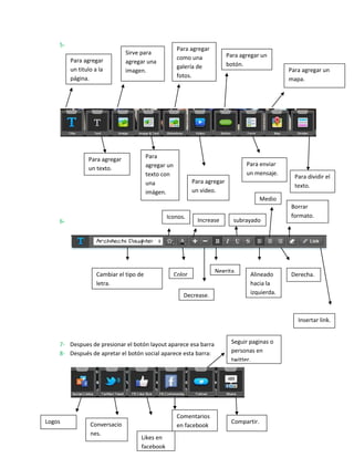 5-
                                                       Para agregar
                               Sirve para                                    Para agregar un
         Para agregar                                  como una
                               agregar una                                   botón.
         un titulo a la                                galería de
                               imagen.                                                             Para agregar un
         página.                                       fotos.
                                                                                                   mapa.




                Para agregar             Para
                                         agregar un                                 Para enviar
                un texto.
                                         texto con                                  un mensaje.
                                                                                                     Para dividir el
                                         una                  Para agregar
                                                                                                     texto.
                                         imágen.              un video.
                                                                                           Medio
                                                                                           .       Borrar
                                                Iconos.                                            formato.
    6-                                                          Increase       subrayado
                                                                .




                                                                      Negrita.
                    Cambiar el tipo de                Color                          Alineado      Derecha.
                    letra.                            .                              hacia la
                                                         Decrease.                   izquierda.



                                                                                                      Insertar link.


    7- Despues de presionar el botón layout aparece esa barra                 Seguir paginas o
    8- Después de apretar el botón social aparece esta barra:                 personas en
                                                                              twitter.




                                                       Comentarios
Logos            Conversacio                                                  Compartir.
                                                       en facebook
                 nes.
                                     Likes en
                                     facebook
 