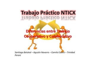 Trabajo Práctico NTICX
Diferencias entre Trabajo
Cooperativo y Colaborativo

Santiago Betoled – Agustín Navarro – Camila Castro – Trinidad
Peroni

 