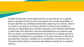 El papel del Aprendiz cambia drásticamente, ya que pasa de ser un agente
pasivo a participar de forma activa como gestor de su propio aprendizaje. Es
él quien planifica sus actividades diariamente; elige lo que va a hacer, cómo lo
va a hacer y con quién lo va a hacer; planifica sus tareas, pero también su
proceso; es responsable de su nivel de motivación, de la utilización del tiempo
y, sobre todo, de la dirección y nivel de profundidad que va a imprimir cada
día a sus tareas. Los instructores/tutores lo orientan en su trabajo, pero él es
el verdadero mediador de su aprendizaje: Es él quien relaciona su vida con lo
que aprende y viceversa, colabora con su compañeros, se comunica con su
Tutor para aclarar dudas y cree que el aprendizaje se puede dar en cualquier
entorno.
 