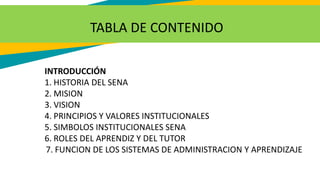 TABLA DE CONTENIDO
INTRODUCCIÓN
1. HISTORIA DEL SENA
2. MISION
3. VISION
4. PRINCIPIOS Y VALORES INSTITUCIONALES
5. SIMBOLOS INSTITUCIONALES SENA
6. ROLES DEL APRENDIZ Y DEL TUTOR
7. FUNCION DE LOS SISTEMAS DE ADMINISTRACION Y APRENDIZAJE
 