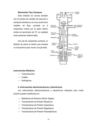 11
Manómetro Tipo Campana.
Este medidor se conoce también
con el nombre de medidor de mercurio o
campana de ledoux y es muy usual como
medidor de flujo, consiste en 2
recipientes unidos por la parte inferior
similar al manómetro de "U"; en realidad
mide presiones diferenciales.
Uno de los recipientes contiene un
flotador de acero al carbón que arrastra
un mecanismo para mover una plumilla.
Instrumentos Elásticos:
 Tubos Bourdon.
 Fuelles.
 Diafragmas.
b. Instrumentos electromecánicos y electrónicos
Los instrumentos electromecánicos y electrónicos utilizados para medir
presión pueden clasificarse en:
 Medidores de Esfuerzo (Strain Gages)
 Transductores de Presión Resistivos
 Transductores de Presión Capacitivos
 Transductores de Presión Magnéticos
 Transductores de Presión Piezoeléctricos
 