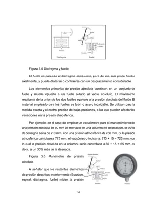 34
Figura 3.5 Diafragma y fuelle
El fuelle es parecido al diafragma compuesto, pero de una sola pieza flexible
axialmente, y puede dilatarse o contraerse con un desplazamiento considerable.
Los elementos primarios de presión absoluta consisten en un conjunto de
fuelle y muelle opuesto a un fuelle sellado al vacío absoluto. El movimiento
resultante de la unión de los dos fuelles equivale a la presión absoluta del fluido. El
material empleado para los fuelles es latón o acero inoxidable. Se utilizan para la
medida exacta y el control preciso de bajas presiones, a las que puedan afectar las
variaciones en la presión atmosférica.
Por ejemplo, en el caso de emplear un vacuómetro para el mantenimiento de
una presión absoluta de 50 mm de mercurio en una columna de destilación, el punto
de consigna sería de 710 mm, con una presión atmosférica de 760 mm. Si la presión
atmosférica cambiase a 775 mm, el vacuómetro indicaría: 710 + 15 = 725 mm, con
lo cual la presión absoluta en la columna sería controlada a 50 + 15 = 65 mm, es
decir, a un 30% más de la deseada.
Figura 3.6 Manómetro de presión
absoluta
A señalar que los restantes elementos
de presión descritos anteriormente (Bourdon,
espiral, diafragma, fuelle) miden la presión
 
