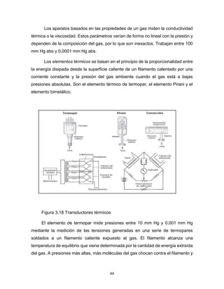 44
Los aparatos basados en las propiedades de un gas miden la conductividad
térmica o la viscosidad. Estos parámetros varían de forma no lineal con la presión y
dependen de la composición del gas, por lo que son inexactos. Trabajan entre 100
mm Hg abs y 0,0001 mm Hg abs.
Los elementos térmicos se basan en el principio de la proporcionalidad entre
la energía disipada desde la superficie caliente de un filamento calentado por una
corriente constante y la presión del gas ambiente cuando el gas está a bajas
presiones absolutas. Son el elemento térmico de termopar, el elemento Pirani y el
elemento bimetálico.
Figura 3.18 Transductores térmicos
El elemento de termopar mide presiones entre 10 mm Hg y 0,001 mm Hg
mediante la medición de las tensiones generadas en una serie de termopares
soldados a un filamento caliente expuesto al gas. El filamento alcanza una
temperatura de equilibrio que viene determinada por la cantidad de energía extraída
del gas. A presiones más altas, más moléculas del gas chocan contra el filamento y
 