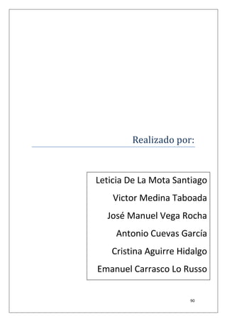 90
Realizado por:
Leticia De La Mota Santiago
Victor Medina Taboada
José Manuel Vega Rocha
Antonio Cuevas García
Cristina Aguirre Hidalgo
Emanuel Carrasco Lo Russo
 