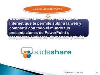 12/09/2013Luis Morejón 23
www.slideshare.net es un servicio en
Internet que te permite subir a la web y
compartir con todo el mundo tus
presentaciones de PowerPoint o
programas similares, de manera gratuita .
¿Que es un Slidershare ?
 