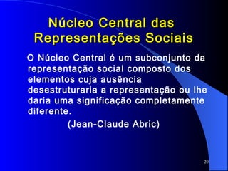 20
Núcleo Central dasNúcleo Central das
Representações SociaisRepresentações Sociais
O Núcleo Central é um subconjunto da
representação social composto dos
elementos cuja ausência
desestruturaria a representação ou lhe
daria uma significação completamente
diferente.
(Jean-Claude Abric)
 