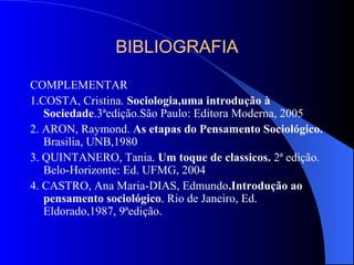 BIBLIOGRAFIA
COMPLEMENTAR
1.COSTA, Cristina. Sociologia,uma introdução à
Sociedade.3ªedição.São Paulo: Editora Moderna, 2005
2. ARON, Raymond. As etapas do Pensamento Sociológico.
Brasilia, UNB,1980
3. QUINTANERO, Tania. Um toque de classicos. 2ª edição.
Belo-Horizonte: Ed. UFMG, 2004
4. CASTRO, Ana Maria-DIAS, Edmundo.Introdução ao
pensamento sociológico. Rio de Janeiro, Ed.
Eldorado,1987, 9ªedição.
 