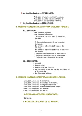  A.- Medidas Cautelares ANTICIPADAS.-
                     -
                   M.C. para evitar un perjuicio irreparable.
                     -
                   M.C. para asegurar provisionalmente la
                   ejecución de una sentencia definitiva.
     B.- Medidas Cautelares ESPECÍFICAS.-
1.- MEDIDAS CAUTELARES PARA FUTURA EJECUCION FORZADA.-

       1.A.- EMBARGO:
                   * En forma de depósito.
                   * De inmueble no inscrito.
                   * De inmueble inscrito a nombre de tercera
                     persona.

                         * En forma de inscripción de bien mueble –
                            inmueble.
                         * En forma de retención de Derechos de
                            créditos.
                         * En forma de retensión de bienes en posesión
                            de tercero.
                          * En forma de intervención en recaudación.
                          * En forma de intervención en información.
                          * En forma de administrador de bienes.

       1.B.- SECUESTRO:
                   Judicial.
                   Conservativo.
                   Conservativo de Vehículo.
                   De bienes dentro de una medida de producción
                    o de comercio.
                   De Títulos de créditos.

2.- MEDIDAS CAUTELARES TEMPORALES SOBRE EL FONDO.-

       - Ejecución Anticipada de alimentos.
       - Ejecución Anticipada de tenencia de menores.
       - Ejecución Anticipada en Régimen de visitas.
       - Ejecución Anticipada en Administración de bienes.
       - Ejecución Anticipada en Desalojo.
       - Ejecución Anticipada en Despojo.

        3.- MEDIDAS CAUTELARES INNOVATIVAS.-

       - Concepto.

       4.- MEDIDAS CAUTELARES DE NO INNOVAR.-




                                 3
 
