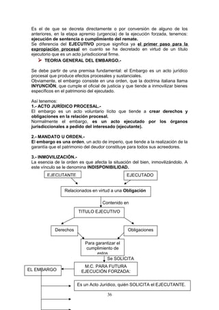 Es el de que se decreta directamente o por conversión de alguno de los
 anteriores, en la etapa apremio (urgencia) de la ejecución forzada, tenemos:
 ejecución de sentencia o cumplimiento del remate.
 Se diferencia del EJECUTIVO porque significa ya el primer paso para la
 expropiación procesal en cuanto se ha decretado en virtud de un título
 ejecutorio que es un acto jurisdiccional firme.
     TEORIA GENERAL DEL EMBARGO.-
 Se debe partir de una premisa fundamental: el Embargo es un acto jurídico
 procesal que produce efectos procesales y sustanciales.
 Obviamente, el embargo consiste en una orden, que la doctrina italiana llama
 INYUNCIÓN, que cumple el oficial de justicia y que tiende a inmovilizar bienes
 específicos en el patrimonio del ejecutado.

 Así tenemos:
 1.- ACTO JURÍDICO PROCESAL.-
 El embargo es un acto voluntario lícito que tiende a crear derechos y
 obligaciones en la relación procesal.
 Normalmente el embargo, es un acto ejecutado por los órganos
 jurisdiccionales a pedido del interesado (ejecutante).

 2.- MANDATO U ORDEN.-
 El embargo es una orden, un acto de imperio, que tiende a la realización de la
 garantía que el patrimonio del deudor constituye para todos sus acreedores.

 3.- INMOVILIZACIÓN.-
 La esencia de la orden es que afecta la situación del bien, inmovilizándolo. A
 este vínculo se le denomina INDISPONIBILIDAD.
        EJECUTANTE                              EJECUTADO


                 Relacionados en virtud a una Obligación

                                    Contenido en
                        TITULO EJECUTIVO



            Derechos                             Obligaciones


                           Para garantizar el
                           cumplimiento de
                                 estos
                                      Se SOLICITA
                          M.C. PARA FUTURA
EL EMBARGO               EJECUCIÓN FORZADA:


                       Es un Acto Jurídico, quién SOLICITA el EJECUTANTE.

                                      36
 