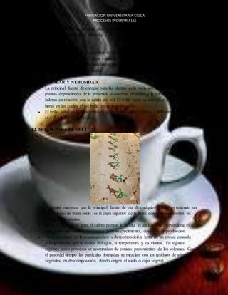 FUNDACION UNIVERSITARIA CIDCA 
PROCESOS INDUSTRIALES 
Este componente del clima presenta altas variaciones entre el día y la noche. En la zona 
cafetera el aire es normalmente húmedo. 
EL CAFE 
VIENTOS 
 Son los encargados de transportar el vapor de agua y las nubes, haciendo variar 
algunos componentes del clima como las lluvias, la temperatura y el brillo solar. 
 En general, las zonas más adecuadas para el cultivo del cafeto se caracterizan por 
presentar vientos de poca fuerza. 
BRILLO SOLAR Y NUBOSIDAD 
 La principal fuente de energía para las plantas es la radiación del sol que llega a las 
plantas dependiendo de la presencia o ausencia de nubes y la orientación de las 
laderas en relación con la salida del sol. El brillo solar se expresa como el número de 
horas en las cuales el sol brilla en un período dado. 
 El brillo solar en la zona cafetera se encuentra entre 1.600 y 2.000 horas de sol al año 
(4.5-5.5 horas de sol al día). 
EL SUELO PARA EL CULTIVO 
 Podemos encontrar que la principal fuente de vita de cualquier planta es teniendo un 
buen abono un buen suelo es la capa superior de la tierra donde se desarrollan las 
raíces de las plantas. 
 El suelo es esencial para el cafeto porque le facilita el anclaje y le proporciona el 
agua y los nutrimentos necesarios para su crecimiento, desarrollo y producción. 
 Tiene su origen en la desintegración y descomposición lenta de las rocas, causada 
principalmente por la acción del agua, la temperatura y los vientos. En algunas 
regiones estos procesos se acompañan de cenizas provenientes de los volcanes. Con 
el paso del tiempo las partículas formadas se mezclan con los residuos de animales y 
vegetales en descomposición, dando origen al suelo o capa vegetal. 
 