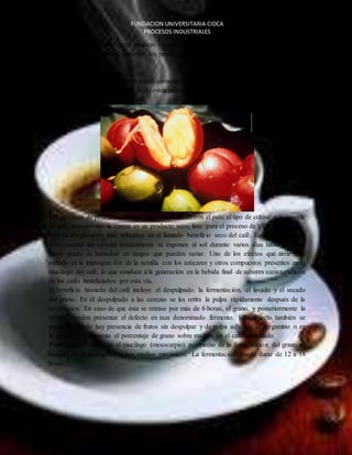 FUNDACION UNIVERSITARIA CIDCA 
PROCESOS INDUSTRIALES 
.La recolección de las cerezas maduras no es el único proceso que determina la calidad. Para 
obtener un café de calidad superior, los procesos de post cosecha son fundamentales 
POST COSECHA 
para el desarrollo de esta se comienza comienzan a partir de la recolección de las cerezas de 
café. Para entender la importancia de estos procesos, conviene conocer en detalle las partes 
que conforman una cereza de café. 
Las prácticas de post cosecha, que varían de acuerdo con el país, el tipo de cultivo y la especie 
de café, transforman la cereza en un producto seco, listo para el proceso de trilla. 
Uno de los procesos más utilizados es el llamado beneficio seco del café. En este proceso de 
post cosecha las cerezas comúnmente se exponen al sol durante varios días hasta alcanzar 
cierto grado de humedad en rangos que pueden variar. Uno de los efectos que tiene este 
método es la impregnación de la semilla con los azúcares y otros compuestos presentes en el 
mucílago del café, lo que conduce a la generación en la bebida final de sabores característicos 
de los cafés beneficiados por esta vía. 
El beneficio húmedo del café incluye el despulpado, la fermentación, el lavado y el secado 
del grano. En el despulpado a las cerezas se les retira la pulpa rápidamente después de la 
recolección. En caso de que ésta se retrase por más de 6 horas, el grano, y posteriormente la 
bebida, pueden presentar el defecto en taza denominado fermento. Este defecto también se 
presenta cuando hay presencia de frutos sin despulpar y de pulpa adherida al pergamino o en 
la medida que aumenta el porcentaje de grano sobre maduro en el café cosechado. 
Posteriormente se retira el mucílago (mesocarpio) por medio de la fermentación del grano en 
tanques de fermentación o por medios mecánicos. La fermentación puede durar de 12 a 18 
horas. 
EL CAFE 
 