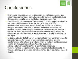 Conclusiones
• Se crea una empresa con los estándares y requisitos adecuados que
exigen los organismos de control para poder cumplir con los objetivos
de mejorar y cumplir con la calidad de nuestros productos.
• En conclusión, las condiciones utilizadas en la planta de procesamiento
nos permitieron obtener trozos de piña, banano, manzana
mínimamente procesados. De acuerdo a los valores de actividad
de agua alcanzando durante el proceso de deshidratación en los
pedazos de piña, manzana y banano se observaron cambios de forma
coloración y una reducción de tamaño esto se debe a un cambio de
concentración de los Grados Brix existentes en la fruta y la eliminación
del Agua.
• La deshidratación de la fruta sin romper células y sin poner en contacto
los sustratos que favorecen el oscurecimiento químico, permite
mantener una alta calidad al producto final. La fruta obtenida conserva
en alto grado sus características. Además, es estable
a temperatura ambiente (23° C) lo que la hace atractiva a
varias industrias con perspectivas de aplicación al abastecimiento de
'materia prima pre-procesada para la industria de obtención de jugos o
pulpas.
 