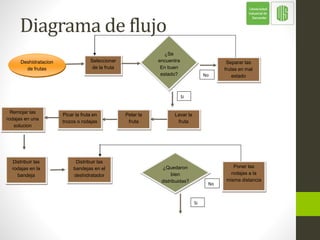 Diagrama de flujo
Deshidratacion
de frutas
Seleccionar
de la fruta
¿Se
encuentra
En buen
estado?
Separar las
frutas en mal
estadoNo
Si
Lavar la
fruta
Pelar la
fruta
Picar la fruta en
trozos o rodajas
Remojar las
rodajas en una
solucion
Distribuir las
rodajas en la
bandeja
Distribuir las
bandejas en el
deshidratador
¿Quedaron
bien
distribuidas?
No
Poner las
rodajas a la
misma distancia
Si
 