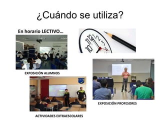 ¿Cuándo se utiliza?
En horario LECTIVO…




  EXPOSICIÓN ALUMNOS




                                    EXPOSICIÓN PROFESORES


       ACTIVIDADES EXTRAESCOLARES
 