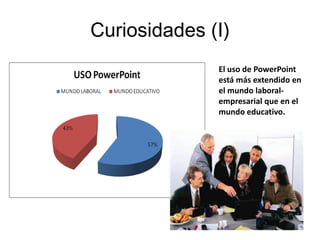 Curiosidades (I)
              El uso de PowerPoint
              está más extendido en
              el mundo laboral-
              empresarial que en el
              mundo educativo.
 