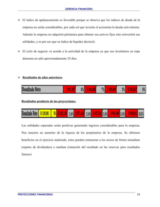 GERENCIA FINANCIERA 
 El índice de apalancamiento es favorable porque se observa que los índices de deuda de la 
empresa no serán considerables, por cada sol que invierte el accionista la deuda será mínima. 
Además la empresa no adquirirá préstamos para obtener sus activos fijos sino reinvertirá sus 
utilidades, y es por eso que su índice de liquidez decreció. 
 El ciclo de negocio va acorde a la actividad de la empresa ya que sus inventarios en ropa 
demoran en salir aproximadamente 25 días. 
 Resultados de años anteriores 
Resultado Neto $151,287 6% $ 144,586 7% $ 129,081 5% $ 165,647 6% 
Resultados producto de las proyecciones 
Resultado Neto $ 129,081 5% $ 323,139 11.6% $ 371,610 11.6% $ 427,351 11.6% $ 491,454 11.6% $ 495,013 10.2% 
Las utilidades esperadas serán positivas generando ingresos considerables para la empresa, 
Nos muestra un aumento de la riqueza de los propietarios de la empresa. Se obtienen 
beneficios en el ejercicio analizado, estos pueden remunerar a los socios de forma inmediata 
(reparto de dividendos) o mediata (retención del resultado en las reservas para resultados 
futuros) 
PROYECCIONES FINANCIERAS 18 
 