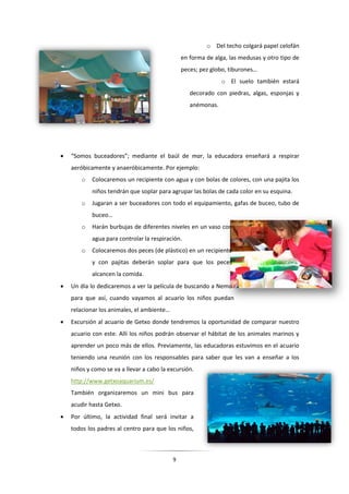 9
o Del techo colgará papel celofán
en forma de alga, las medusas y otro tipo de
peces; pez globo, tiburones…
o El suelo también estará
decorado con piedras, algas, esponjas y
anémonas.
 “Somos buceadores”; mediante el baúl de mar, la educadora enseñará a respirar
aeróbicamente y anaeróbicamente. Por ejemplo:
o Colocaremos un recipiente con agua y con bolas de colores, con una pajita los
niños tendrán que soplar para agrupar las bolas de cada color en su esquina.
o Jugaran a ser buceadores con todo el equipamiento, gafas de buceo, tubo de
buceo…
o Harán burbujas de diferentes niveles en un vaso con
agua para controlar la respiración.
o Colocaremos dos peces (de plástico) en un recipiente
y con pajitas deberán soplar para que los peces
alcancen la comida.
 Un día lo dedicaremos a ver la película de buscando a Nemo
para que así, cuando vayamos al acuario los niños puedan
relacionar los animales, el ambiente…
 Excursión al acuario de Getxo donde tendremos la oportunidad de comparar nuestro
acuario con este. Allí los niños podrán observar el hábitat de los animales marinos y
aprender un poco más de ellos. Previamente, las educadoras estuvimos en el acuario
teniendo una reunión con los responsables para saber que les van a enseñar a los
niños y como se va a llevar a cabo la excursión.
http://www.getxoaquarium.es/
También organizaremos un mini bus para
acudir hasta Getxo.
 Por último, la actividad final será invitar a
todos los padres al centro para que los niños,
 