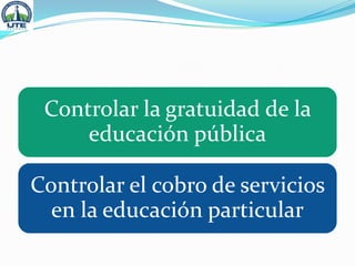 Controlar la gratuidad de la
educación pública
Controlar el cobro de servicios
en la educación particular
 