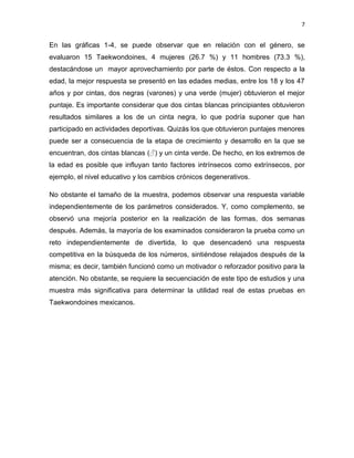 7
En las gráficas 1-4, se puede observar que en relación con el género, se
evaluaron 15 Taekwondoines, 4 mujeres (26.7 %) y 11 hombres (73.3 %),
destacándose un mayor aprovechamiento por parte de éstos. Con respecto a la
edad, la mejor respuesta se presentó en las edades medias, entre los 18 y los 47
años y por cintas, dos negras (varones) y una verde (mujer) obtuvieron el mejor
puntaje. Es importante considerar que dos cintas blancas principiantes obtuvieron
resultados similares a los de un cinta negra, lo que podría suponer que han
participado en actividades deportivas. Quizás los que obtuvieron puntajes menores
puede ser a consecuencia de la etapa de crecimiento y desarrollo en la que se
encuentran, dos cintas blancas (♂) y un cinta verde. De hecho, en los extremos de
la edad es posible que influyan tanto factores intrínsecos como extrínsecos, por
ejemplo, el nivel educativo y los cambios crónicos degenerativos.
No obstante el tamaño de la muestra, podemos observar una respuesta variable
independientemente de los parámetros considerados. Y, como complemento, se
observó una mejoría posterior en la realización de las formas, dos semanas
después. Además, la mayoría de los examinados consideraron la prueba como un
reto independientemente de divertida, lo que desencadenó una respuesta
competitiva en la búsqueda de los números, sintiéndose relajados después de la
misma; es decir, también funcionó como un motivador o reforzador positivo para la
atención. No obstante, se requiere la secuenciación de este tipo de estudios y una
muestra más significativa para determinar la utilidad real de estas pruebas en
Taekwondoines mexicanos.
 