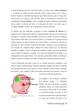 Trabajo psicología pág. 20
La capa más antigua está en el centro del cerebro y se conoce como cerebro reptileano,
y se encarga de regular acciones esenciales para la supervivencia como comer y
respirar. Después se desarrolló una segunda capa sobre la primera, que se encarga de la
conservación de la especie y del individuo. Aquí se encuentran las estructuras que
corresponden al sistema límbico y que se encargan de regular emociones, alimentación,
lucha, escape y evitación del dolor, y la búsqueda del placer. La tercera capa es
la corteza cerebral y en ella se da el pensamiento racional y abstracto.
Al detectar algo que representa un peligro, se activa un sistema de alarma en el
organismo que lo prepara para sobrevivir, desencadenando toda una serie de reacciones
fisiológicas. El miedo al dolor psicológico provoca las mismas reacciones fisiológicas
que el miedo al dolor físico. Este sistema de alarma, se encuentra en la segunda capa del
cerebro humano, el sistema límbico. El sistema límbico se encarga de controlar las
respuestas de “huir o pelear”. Nuestra alarma interna solamente se activa cuando hay
una situación de verdadero peligro. Dentro del sistema límbico hay una estructura
llamada la amígdala, la cual se encarga de controlar y mediar emociones principales
como el afecto, la agresión y el miedo. Es el centro de identificación de peligro, y es
fundamental para la supervivencia. Al ser activada, desencadena miedo y ansiedad que
ponen a la persona o animal en un estado de alerta total, alistándose para huir o pelear.
Toda la información que entra a través de los sentidos pasa por la amígdala, y ésta
detecta cualquier señal de peligro. Mientras realizamos cualquier actividad, la amígdala
está monitoreando todo lo que sucede a nuestro alrededor, incluso cuando dormimos,
está atenta y ante cualquier sonido que pueda representar una amenaza, activa sus
conexiones y hace que despertemos.
La amígdala y las estructuras cerebrales
que detectan peligro, no identifican
detalles, sino que están atentas a cualquier
percepción burda, que pueda representar
una amenaza, como puede ser una sombra,
un movimiento extraño, un ruido, etc. Ante
la primera percepción de un posible peligro,
se desata una reacción de alerta en el
Esquema del funcionamiento del miedo a nivel
neurológico
 